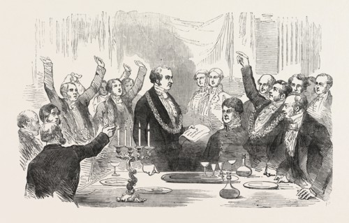 THE LORD MAYOR READING THE NEWS OF THE VICTORY ON THE ALMA, AT THE SHERIFFS' INAUGURATION DINNER,