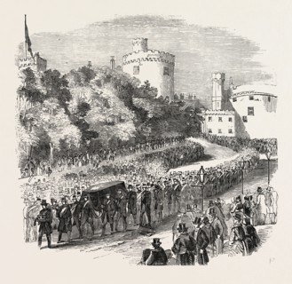 FUNERAL OF THE LATE MARQUIS OF ORMONDE. THE PROCESSION LEAVING KILKENNY CASTLE, 1854