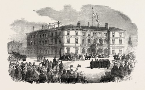 HER MAJESTY'S VISIT TO HULL AND GRIMSBY: THE QUEEN AT THE STATION HOTEL, AT HULL, 1854