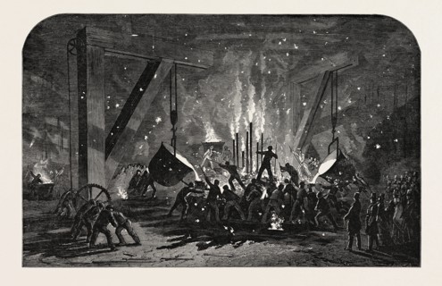 CASTING A MONSTER CYLINDER, AT MESSRS. SCOTT RUSSELL AND CO.'S BUILDING-YARD, MILLWALL, 1854. THE