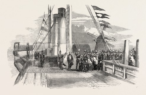 THE KING OF DENMARK VISITING MR. PETO ON BOARD THE CYGNUS., 1854