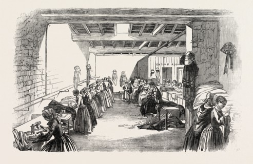 STEAM SEWING-MACHINES, 1854. A VIEW OF A PORTION OF THE MACHINE-ROOM IN MESSRS. HOLLOWAY AND CO.'S
