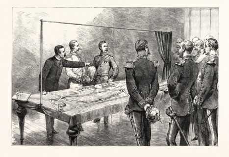 THE EMPEROR OF GERMANY INSPECTING THE NEW ENGLISH WAR GAME, INVENTED BY DR. GRIFFITH, AT THE