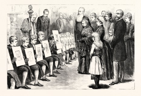 THE QUEEN AND THE BLUECOAT BOYS: HER MAJESTY INSPECTING THE CHRIST'S HOSPITAL BOYS' DRAWINGS IN THE