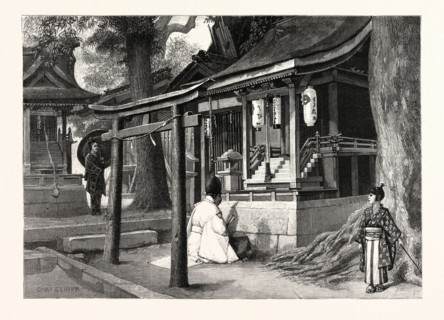 A PRIEST BEFORE A FOX SHRINE, JAPAN. In Japan the Fox is regarded with great respect as being the