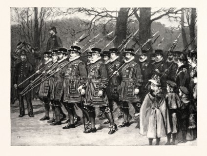 ON THE WAY TO HER MAJESTY'S DRAWING ROOM: THE YEOMEN OF THE GUARD MARCHING DOWN THE MALL, UK