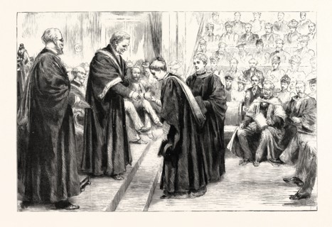 SWEET GIRL GRADUATES: THE VICE-CHANCELLOR (SIR JAMES PAGET) CONFERRING DEGREES AT LONDON