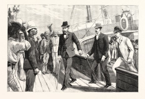 LORD RANDOLPH CHURCHILL'S FIRST STEP ON AFRICAN SOIL: LANDING AT TABLE BAY FROM THE STEAM TUG TIGER