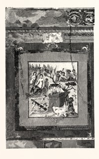 FRESCO FROM THE HOUSE OF SIRICUS, AT POMPEII: Hercules is overcome by Bacchus, to whom he has been