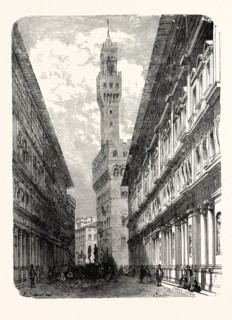 THE UFFIZI, THE PALAZZO VECCHIO, AND STATUARY IN THE PIAZZA.