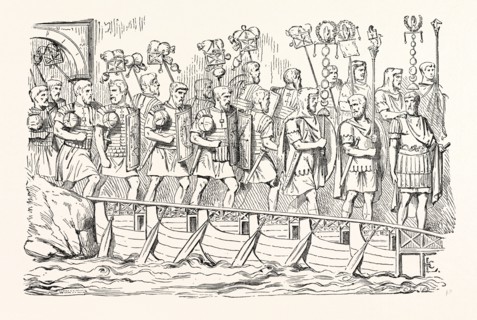ROMAN SOLDIERS PASSING OVER A BRIDGE OF BOATS. (From the Antonine Column.)