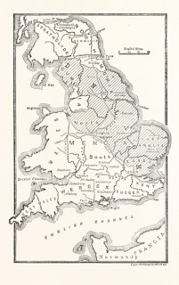 MAP OF ENGLAND SHOWING THE ANGLO-SAXON KINGDOMS AND DANISH DISTRICTS