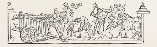 FEBRUARY. Here they are cutting down trees for firewood. The English called February "Sprout-kele."