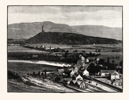 THE ABBEY CRAIG AND WALLACE MONUMENT, NEAR STIRLING, WITH THE OCHIL HILLS.