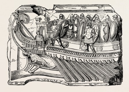 SCULPTURE SHOWING ROMAN WAR GALLEY.