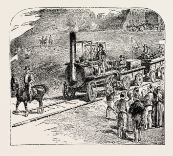 THE FIRST TRAIN ON THE STOCKTON AND DARLINGTON RAILWAY.