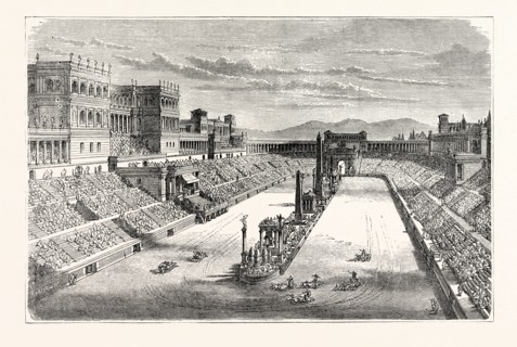 ANCIENT ARENA RESTORED, SHOWING A CHARIOT RACE
