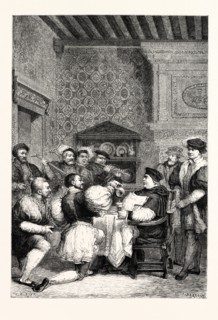 CARDINAL WOLSEY IS SERVED AT TABLE BY NOBLES AND GENTLEMEN.