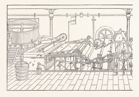 MACHINE: A. Chest; B. Vat, 4 feet by 5; C. Sifter; D. Lifter; E. Endless wire, 5 feet wide; F.