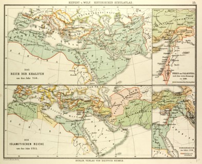 MAP OF THE UMAYYAD CALIPHATE EMPIRE IN 750 AND THE ISLAMIC EMPIRE IN 1215