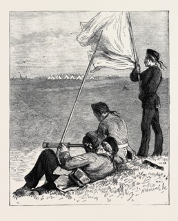 SKETCHES AT THE AUTUMN MANOEUVRES: PARTY PRACTISING FOR SIGNALLING FROM OUTPOST TO FIELD TELEGRAPH
