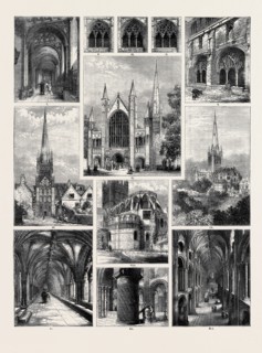 NORWICH CATHEDRAL: I. INTERIOR OF NORTH AISLE; II., III., IV. CLOISTER WINDOWS; V. CLOISTERS