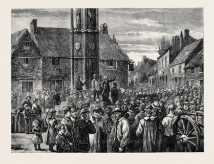 SKETCHES IN THE AGRICULTURAL DISTRICTS: LABOURERS MEETING AT THE ELEANOR CROSS, GEDDINGTON,