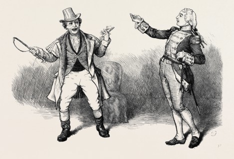 SCENE FROM "THE RIVALS" AT THE CHARING CROSS THEATRE, LONDON, MR. JOHN CLARKE AS "BOB ACRES," AND