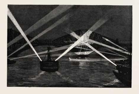 THE NAVAL MANOEUVRES, WITH THE NORTHERN FLEET: THE SHIPS SEARCHING THE FORTH BRIDGE WITH THE