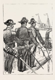 THE VISIT OF THE FRENCH FLEET: FRENCH OFFICERS SALUTING H.M. THE QUEEN