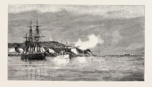THE CIVIL WAR IN CHILI: FORTS VALDIVIA AND YERBAS BUENAS, AT VALPARAISO, FIRING ON THE REBEL