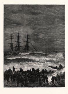 THE WRECK OF THE THREE-MASTED SHIP "BENVENUE" AT SANDGATE: When night came on a bonfire was lighted
