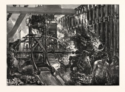 THE LONDON GAS SUPPLY: INTERIOR OF THE RETORT HOUSE, SHOWING THE DRAWING AND CHARGING MACHINES