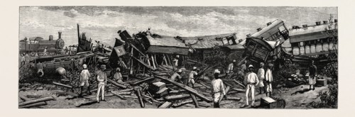 THE ACCIDENT NEAR NAGPUR ON THE GREAT INDIAN PENINSULA RAILWAY: The wreck of the leading engine is