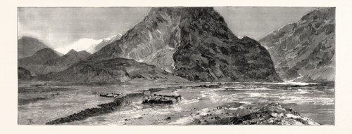THE FIGHTING NEAR GILGIT, PANORAMA OF CHALT ON THE HUNZA VALLEY, INDIA