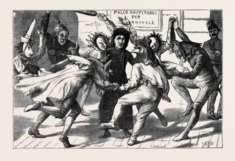 ROME: MASKERS SURROUNDING A PRIEST AT THE CARNIVAL