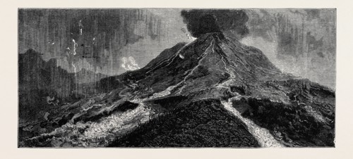 THE ERUPTION OF MOUNT VESUVIUS: SKETCH FROM THE TOP OF THE OBSERVATORY, SHOWING CRATER AND THE TWO