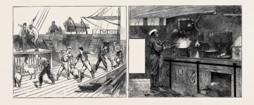 ON BOARD THE "INDUS" EMIGRANT SHIP: LIVE PROVISIONS (LEFT), THE GALLEY AND THE COOK (RIGHT)