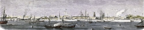 The harbor of Bombay, India. Engraving of 1857