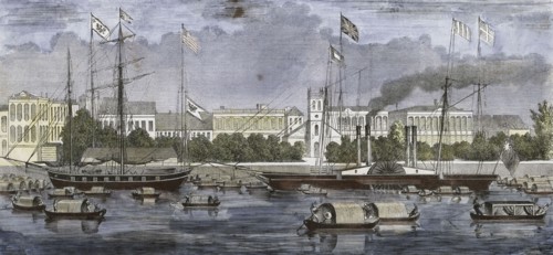 European Factories in Canton. Engraving 1858. China is open! That is the cry we hear in Britain,