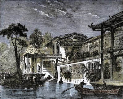 Honan canal, Canton, China. engraving 1858