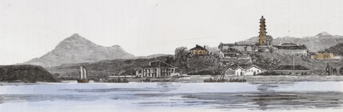 Pagoda island, in the river Min. The anchorage for large boats at Foochow. Engraving, 1884