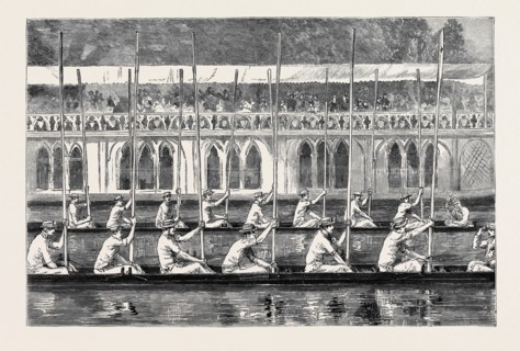 OXFORD: PROCESSION NIGHT, THE BOATS SALUTING THE "HEAD OF THE RIVER" IN FRONT OF THE 'VARSITY BARGE