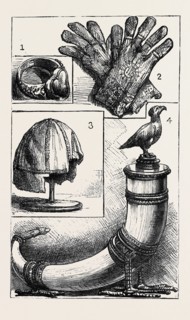 OXFORD: ANCIENT RELICS: 1. and 2. Ring and Gloves of William of Wykeham, at New College; 3. Skull