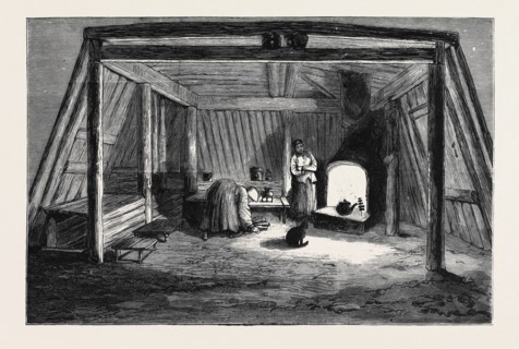 THE SURVIVORS OF THE "JEANNETTE" IN SIBERIA: INTERIOR OF A SIBERIAN CONVICT HUT