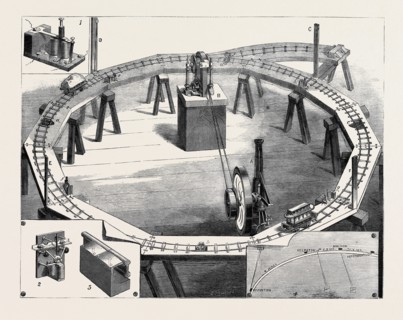 PROFESSORS AYRTON AND PERRY'S NEW ELECTRIC RAILWAY: A. Gas Engine Supplying Motive Power; B.