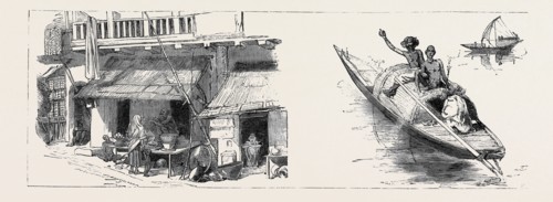ROUND THE WORLD YACHTING IN THE "CEYLON," CALCUTTA: A STREET WITH BOOTHS IN CALCUTTA (LEFT); A