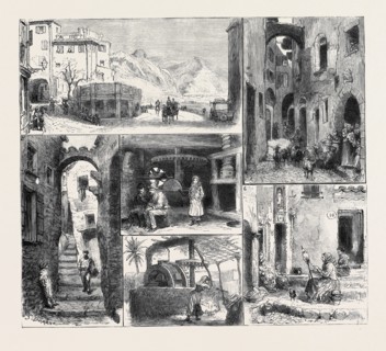 HER MAJESTY'S VISIT TO MENTONE: 1. The Fountain between the East and West Bays; 2. Rue Mattoni, Old