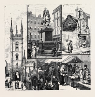 HULL: 1. St. Mary's Church; 2. Statue of King William the Third in the Market Place; 3. Old House,