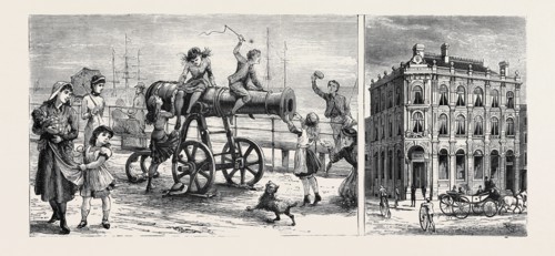 HULL: RUSSIAN GUN ON THE PIER (LEFT), OFFICES OF THE HULL BANKING COMPANY (RIGHT)